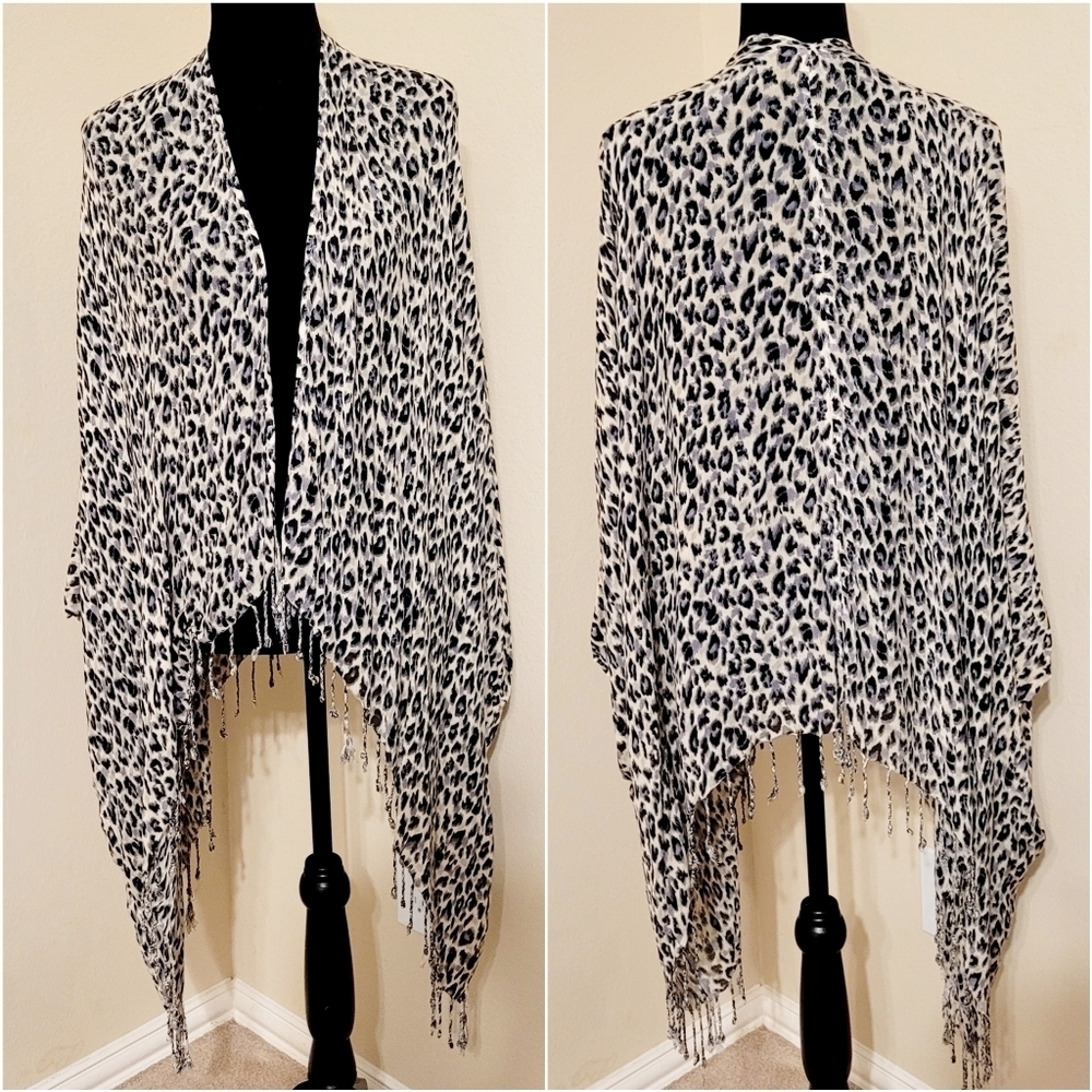 VINTAGE LEOPARD PRINT FRINGED OPEN FRONT BOHO KIMONO